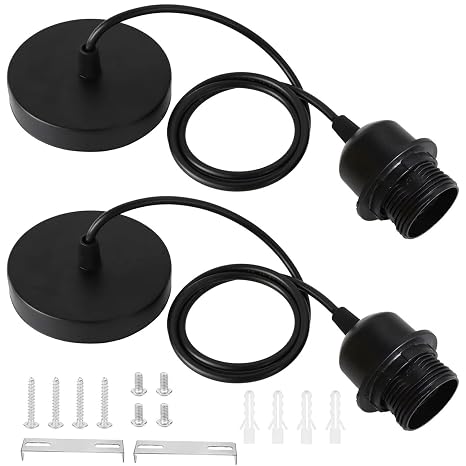 2 Pack Ceiling Pendant Light Fitting, E27 Lamp Holder, with Lock Ring for Shade, Black Light Fittings, with 100CM Adjustable Cable, Flex Cable Ceiling Rose, Industrial Style Ceiling Pendant Fitting