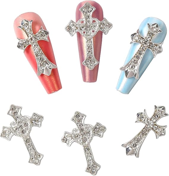 10pcs Retro Cross Nail Charm, Alloy Rhinestones Cross Charms Punk Gothic Nail Art Supplies for Acrylic Nail Decoration, Nail Accessories for Nail DIY Design