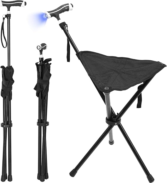 Cane with Seat Foldable Lightweight, Walking Cane with seat, Adjustable Walking Stick for Seniors & Elderly, with Padded Seat and Non-Slip Base for Outdoor Walking, Hiking, and Travel Assistance