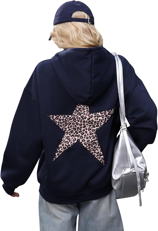 Womens Leopard Star Hoodies Oversized Cheetah Print Hooded Casual Long Sleeve Fleece Pullover Sweatshirts with Pocket