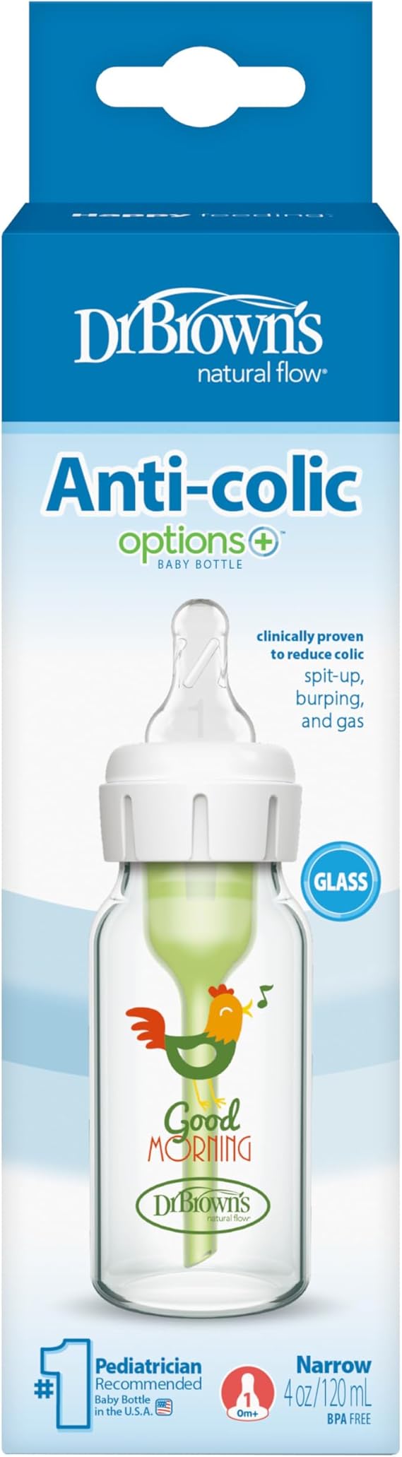 Dr. Browns Narrow Neck Options and Feeding Glass Bottle with Rooster Deco, 120 ml