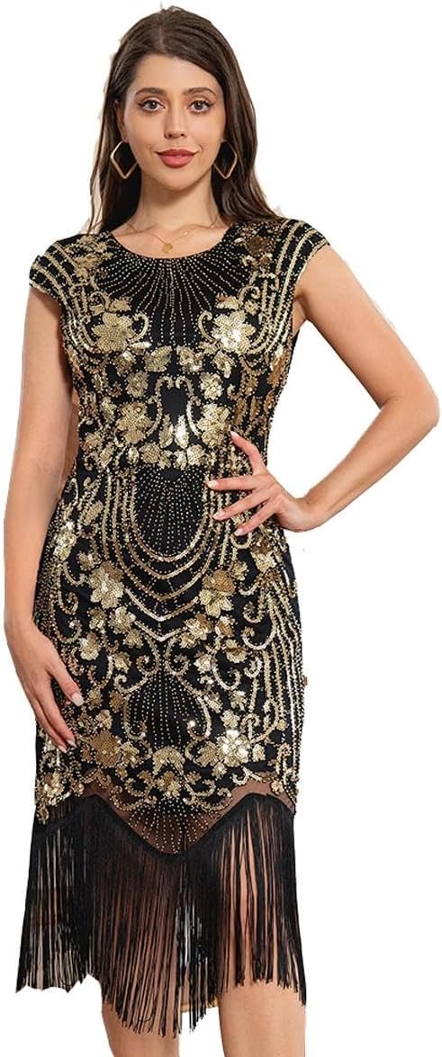 1920s Retro Sequin Dress Tassel Skirt Party Dance Dress Host Sequin Skirt Toast Party Dance Skirt Dmall Dress Wedding Dress (Black Gold,L)