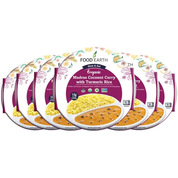Food Earth Ready to Eat Indian Meal Madras Coconut Curry with Turmeric Rice Vegan, Gluten-Free, Organic, Plant-Based Microwavable Entree 10.58 oz Each Pack of 6