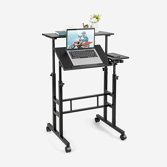 MEDIMALL Sit-Stand Computer Desk, Mobile Laptop Cart with Adjustable Height, Universal Wheels & 2 Tilting Desktops, Standing Home Office Workstation, Black