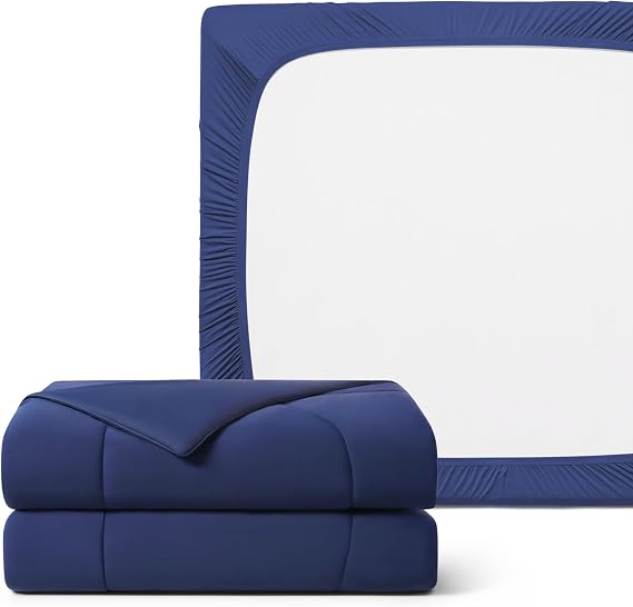 REST Buy 2 GET 30 Percent Off : Evercool Comforter Plus Fitted Sheet Bundle at 30% Discount, in Midnight Blue, Queen Size