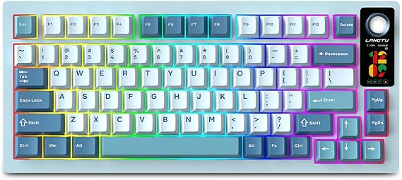 FKZ LT75Pro Wireless Mechanical Keyboard with Color Screen&Knob,75% Hot Swappable Pre-lubed Switch Gasket Mount Custom RGB Gaming Keyboard BT5.0/2.4G/Type-C Wired NKRO Creamy Keyboard (Lake-Blue)
