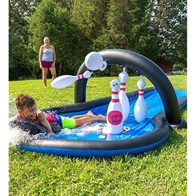 HearthSong Strike Zone 18 Foot Bowling Water Slide with Two Inflatable Speedboards and Spare Pin, and 6-Foot Splash Pool, for Outdoor Active Play