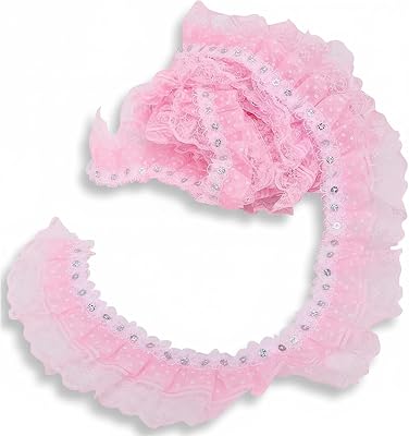 Pink Lace, Lace Ribbon, Gelvs Ribbon, 5 Yards 45mm Printing Dots Pleated Trim, Mesh Trim Mesh Sewing Sequins Embroidered DIY CraftPink