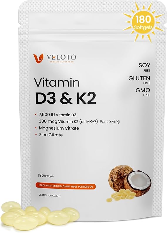 VELOTO Vitamin D3 K2 Magnesium Zinc Supplement, Magnesium & Zinc Citrate | 7500 IU Vitamin D3 + 300 mcg K2 MK-7, 4-in-1 Daily Wellness Support, Bone Muscle & Immune Support, 180 Softgels, Non-GMO
