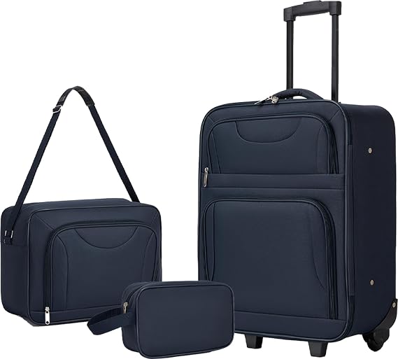 Cabin Suitcase 55x40x20 Lightweight Soft Travel Luggage Sets of 3 Piece, Small Cabin Luggage with Duffel Bag+Toiletry Bag, Carry On for Travel Work Weekend (Navy)