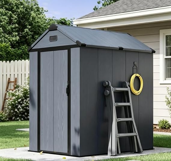 Aoxun 4x6 FT Resin Shed with Reinforced Floor, Outdoor Storage Shed, All-Weather Plastic Tool Storage with Lockable Door, Window & Vents for Garden, Patio, Bike & Garbage Can, Dark Gray