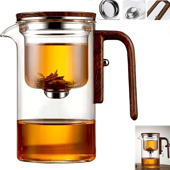Magnetic Glass Teapot with Infuser, 24oz Borosilicate Tea Pot with Walnut Handle for Loose Leaf Tea, Office Home, Tea Lovers Gift