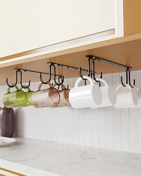 Luckinow Mug Hooks Under Cabinet 3 Pack, Metal Cup Hooks for Hanging Under Shelf, Mug Organizer Rack with 12 Hooks for Displaying Mugs, Coffee Cups and Kitchen Utensils, Black