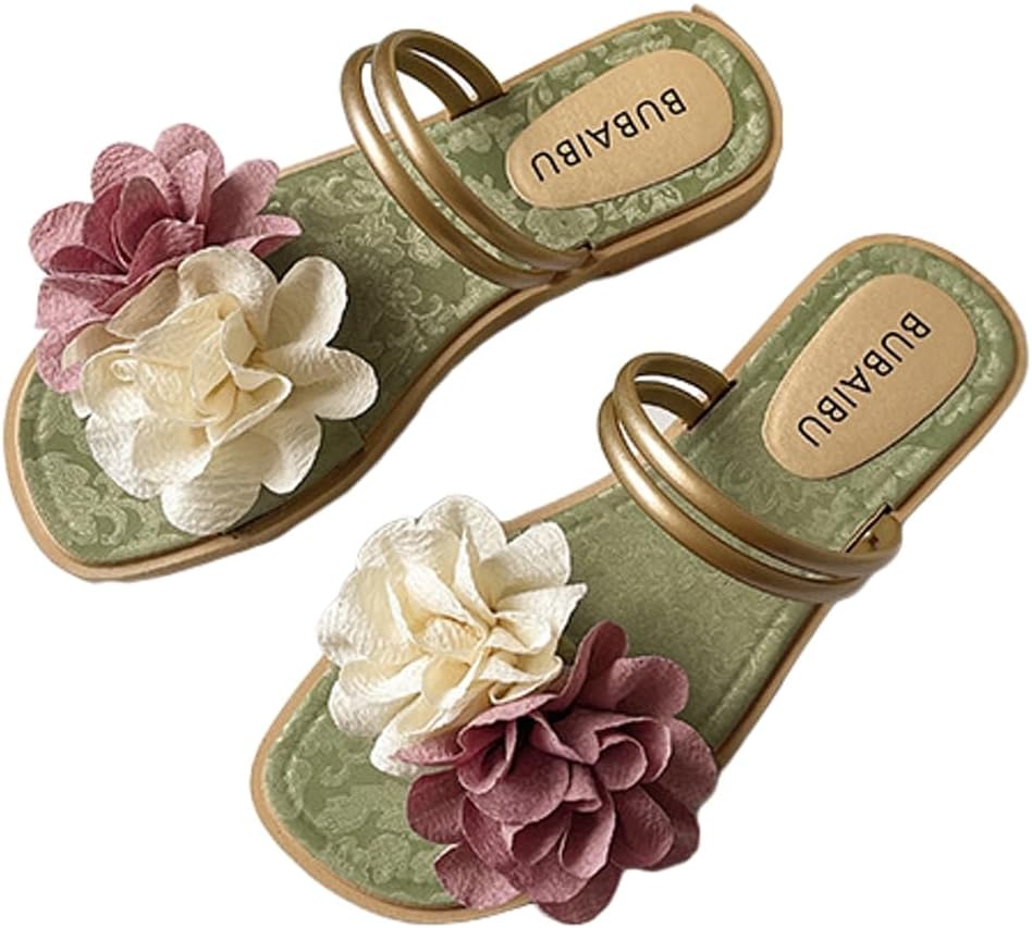 Caistre Flower Sandals for Women Summer Flat Sandals Slippers Slip on Slides Dressy Vacation Sandals Boho Flat Slippers Beach Shoes