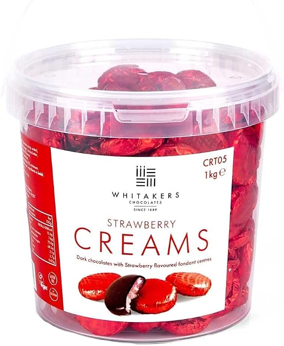 Whitakers Chocolates Dark Chocolate Creams - Red Foiled Fondant Cremes Plastic Tub (Strawberry, 1kg)