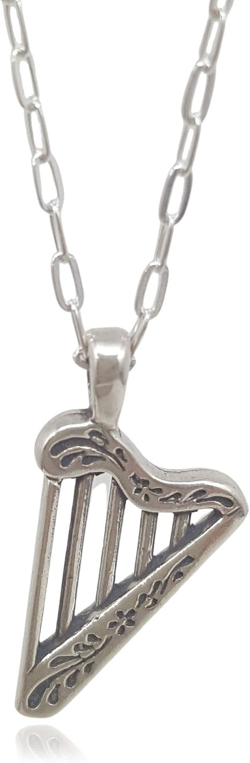 Sterling Silver Celtic Harp Irish Musical Instrument 3D Charm Necklace, 18"
