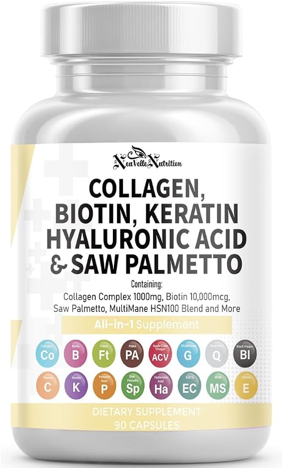16 in 1 Collagen Supplement - Peptides Types I,II,III & V with Biotin, Keratin, Hyaluronic Acid, Saw Palmetto, Vitamins C & E, Apple Cider Vinegar & PABA - Nail Skin & Hair Health Support Capsules