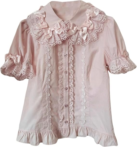 Lolita Shirts Kawaii Cute Clothes Blouse Lace Short Jirai Kei Fashion Puff Sleeve Shirt Ruffle Top Bow Cutecore