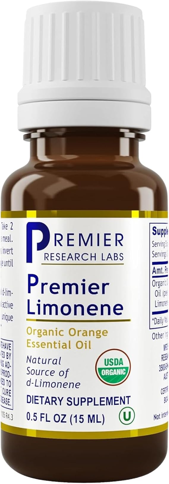 Premier Research Labs Premier Limonene - Limonene Oil, Organic D-Limonene Supplement from Orange Peel Extract, Orange Essential Oil 90% Pure - 0.5 Oz (300 Servings)