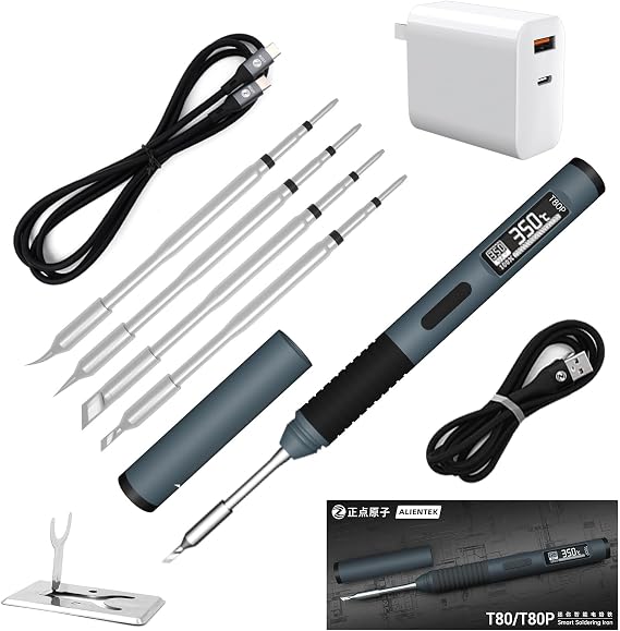 Soldering Iron Kit, PD/QC 100W Mini Digital Soldering Iron 176-842F Fast Heating T80/T80P,Type-C Portable Digital OLED Screen Display, Auto Sleep (T80P+C2C+4 type tips+PD 65W)