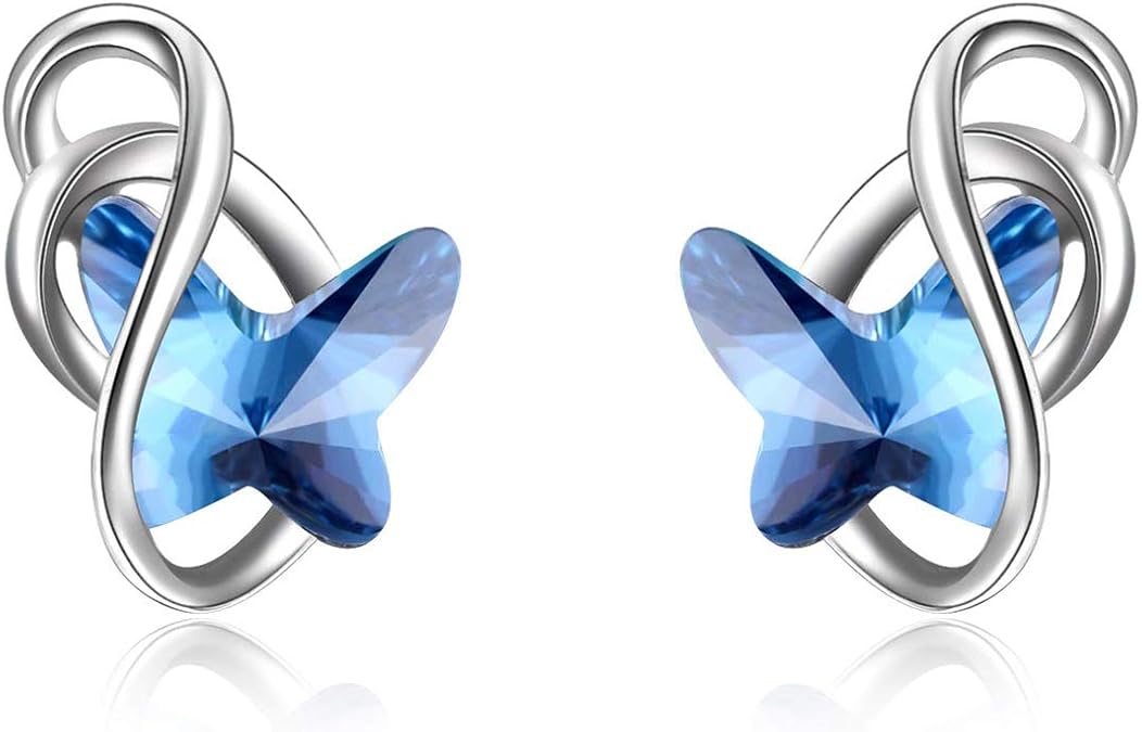 AOBOCO Sterling Silver Infinity Butterfly Earrings Embellished with Crystals from Austria, Hypoallergenic Stud Earrings, Anniversary Birthday Butterfly Jewelry Gifts for Women