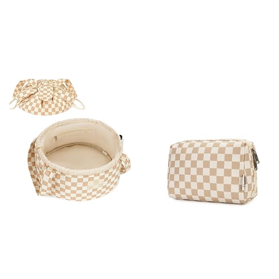 Narwey Checkered Makeup Bag with Compartments + Barrel Drawstring Checkered Makeup Bag