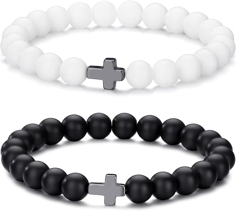 Beaded Bracelets for Men Women 8mm Bead Stretch Bracelets Cross Bracelets Unisex
