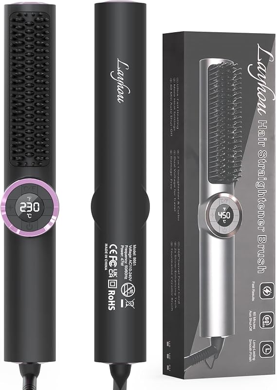 Ionic Hair Straightener Brush - 30s Fast Ceramic Heating, 15 Heat Settings, Anti - Scald Straightening Comb, Professional Hair Styling Tools for Women, Dual Voltage