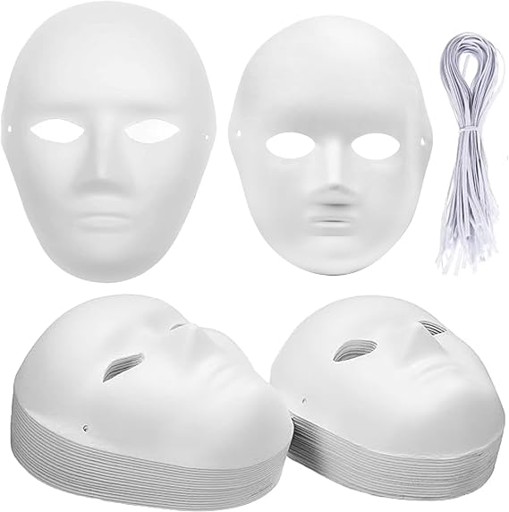 Nicunom 40 Pack DIY Full Face Masks, 2 Sizes Paintable White Plain Masks, Paper Mache Mask for Cosplay Halloween Christmas Mardi Gras Masquerade Dance Party, Blank Costume Masks