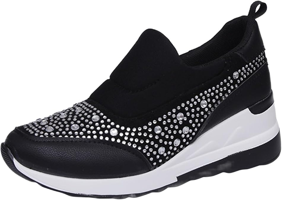 Wedge Sneakers for Women, Chunky Platform Fashion Breathable Lightweight Ladies Rhinestone Leather Cloth Patched Athletic Sport Running Tennis Walking Shoes