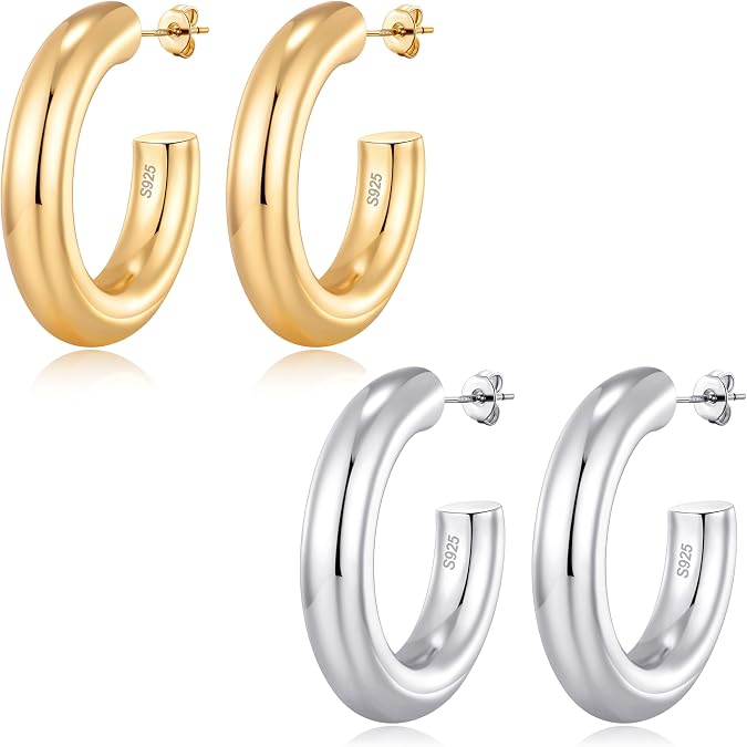 Silver Chunky Hoops For Women Thick Sterling Silver Hoops 925 Sterling Silver Hoop Earrings Small Chunky Hoop Earrings C Shape Thick Open Hoop