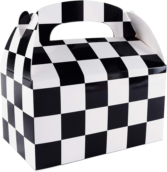 Super Z Outlet 12 Pack Black and White Checker Racing Flag Pennant Treat Gift Paper Cardboard Boxes with Handles for Candy Goodie Bags, Picnic Snacks, Birthday Party Favors (6.25" x 3 1/2" x 3.25")