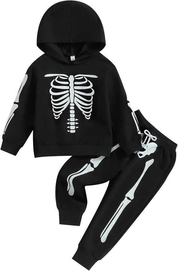 Kid Boy Girl Halloween Outfit Pumpkin/Skeleton Print Long Sleeve Hood Pullover Sweatshirt +Long Pants 2Pcs