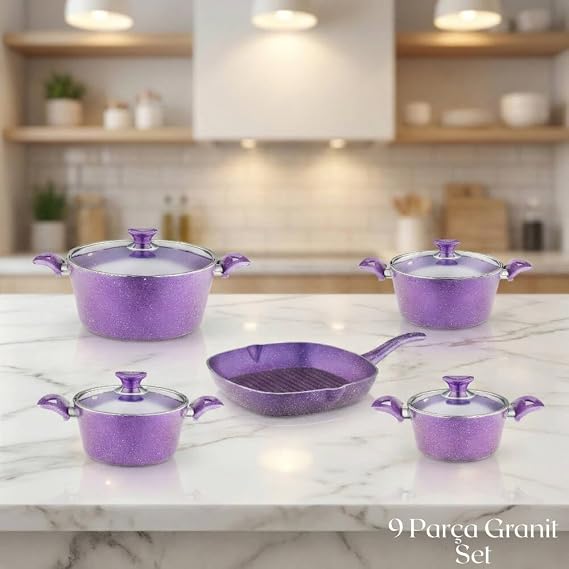 9 Parça Granit Set Cam Kapak - Violet