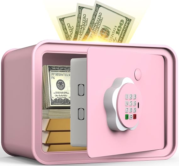 Mini Safe Box for Money Coin Cash-Piggy Bank for Kids, Electronic Small Safes for Boys Girls, Ideal Christmas Birthday Gift, DIY Stickers,Pink