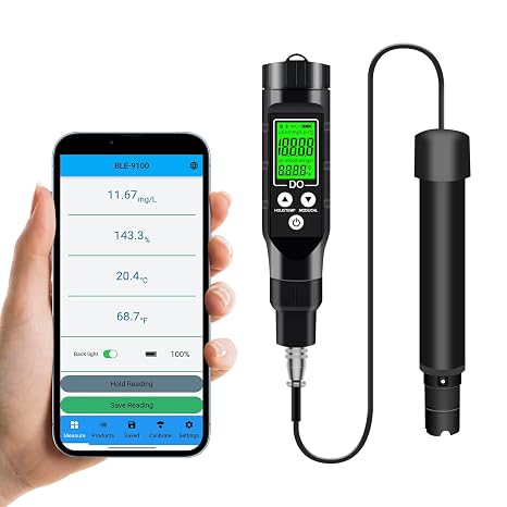 Dissolved Oxygen Meter with Bluetooth Filling Fluid Range:0-30mg/L, with Automatic Temperature Compensation Function,Pen Type Dissolved Oxygen Test Kit for Aquarium, Ponds, Aquaculture