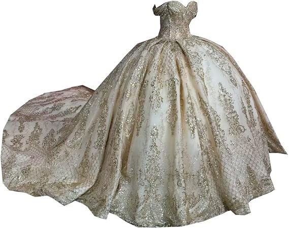 Stunning Gold Embellishment Sequins Crystal Ball Gown Wedding Bridal Quinceanera Dresses Champagne