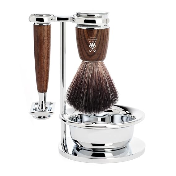MUHLE RYTMO Shaving Kit for Men, Steamed Ash Wet Shave Grooming Set 4-Piece | Closed-comb razor, synthetic brush, bowl and stand with Steamed Ash finish for organized wet-shaving daily grooming routines.