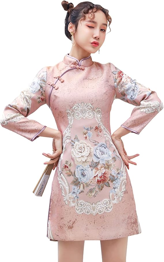 CBROOT Women'S Chinese Cheongsam Dress - Spring Autumn Fashion Retro Young Chinese Style Embroidery Improved Long Sleeve Cheongsam Dress Women Mid-Length Qipao Clothing