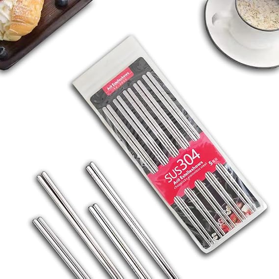 5 Pairs 304 Stainless Steel Chopsticks, 8.9 Inch, Silver