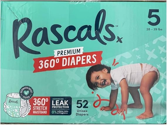 Rascal + Friends Premium 360 Absorbent Pull-On Diapers, Size 5, 52 Count ~ (1 Pack).