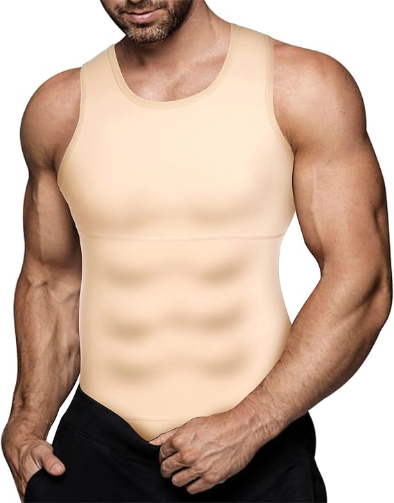 Mens Compression Shirt Slimming Body Shaper Vest Workout Tank Tops Abdomen | Abs Undershirts Gynecomastia Support, Belly Control, Back Support, Posture Fix, Breathable, No Roll, Invisible Layer