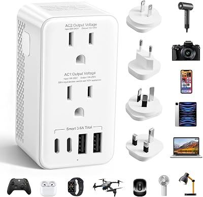 2500W Voltage Converter US to Europe, 220V to 110V Converter for European Travel, Power Converter Adapter Combo with 2 USB-A 2 USB-C, UKAUUSITEuropean Travel Plug Adapters for Hair Dryer