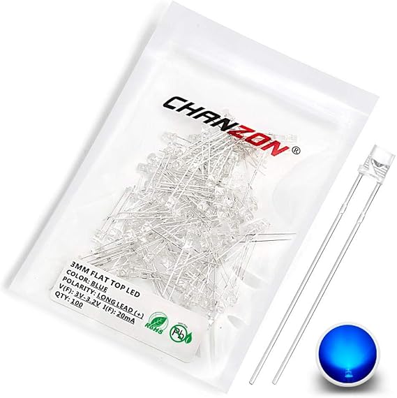 CHANZON 100 pcs 3mm Blue LED Diode Lights (DC 3V 20mA)