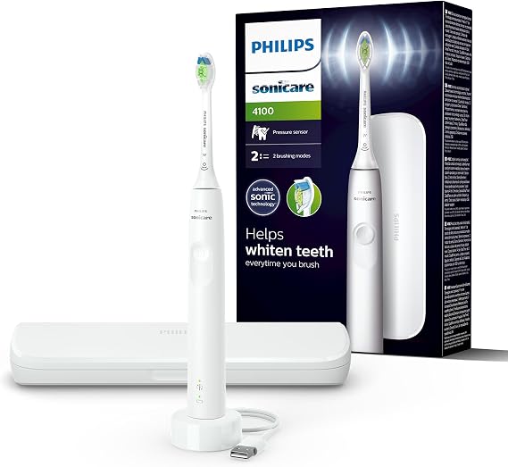 Philips Sonicare 4100 - Sonicare Electric Toothbrush for Adults with 1 x Philips W2 Optimal White Sonic Brush Head in White, Slim Travel Case and USB Charger (Model HX3683/33)