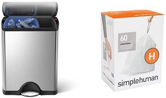 simplehuman 46 litre dual compartment rectangular step can fingerprint-proof brushed stainless steel + code H 60 pack liners