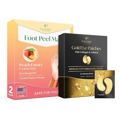 PLANTIFIQUE Foot Peeling Mask 2 Pack and Under Eye Patches for Dark Circles and Puffiness 20 pairs