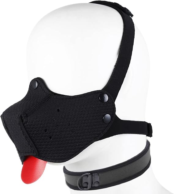 Neoprene Puppy Hood Mask Removable Mouth Cover Cosplay Dog Full Face Pup Hood Mask Novelty Dog Head Mask with Collar (Black)