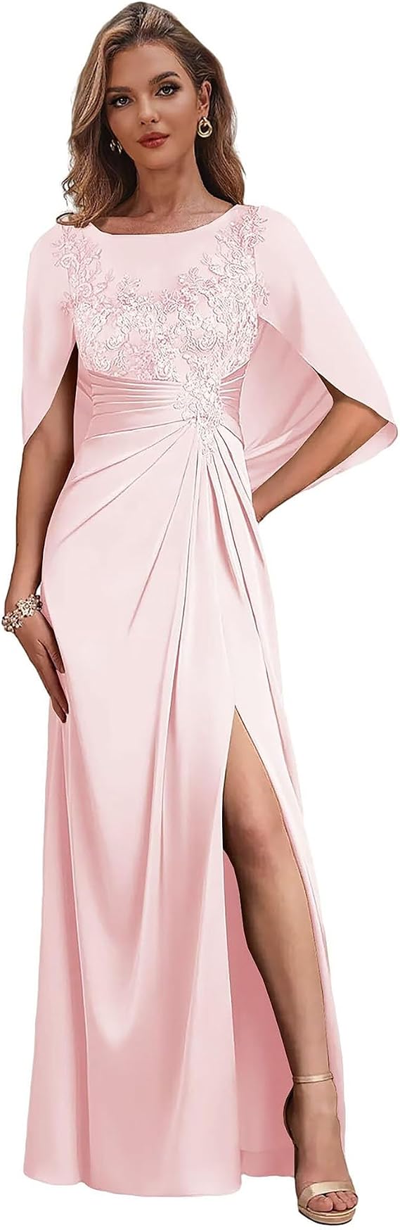 Mother of The Bride Dresses with Cape Mermaid Lace Appliques Satin Wedding Guest Prom Gowns