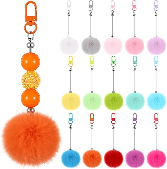Retisee 30 Packs Beadable Keychain Bars with Pompom Ball DIY Blank Beaded Keychain Fluffy Key Chains Detachable for Bead DIY Craft Gift Jewelry Making